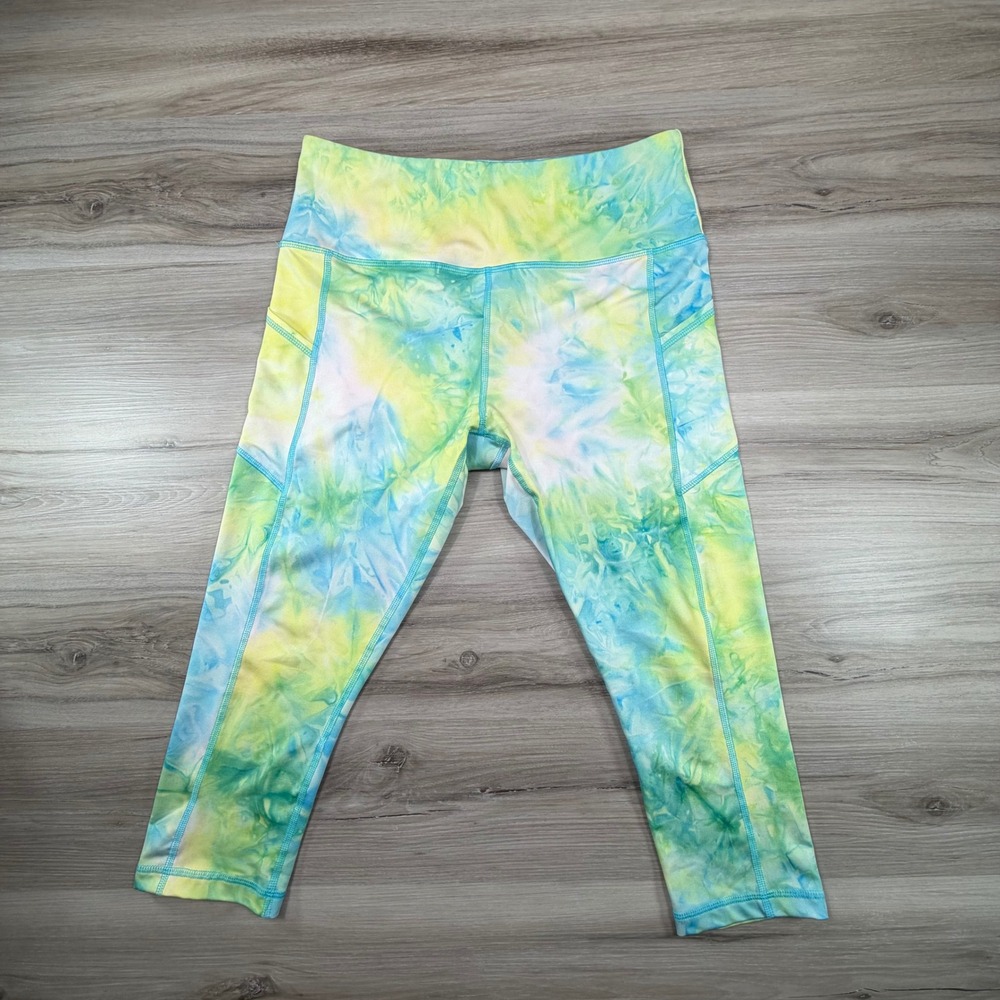 Vogo Athletica Womens Tie Dye High Rise Capri Leggings Blue Yellow Green Pockets